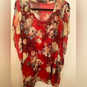 Rudge Brasil colorful silk flowing sheer dress/coverup. XXL w/open cap sleeves